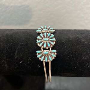 Artist Signed Native America Zuni Sterling Silver Turquoise Bracelet Cuff.